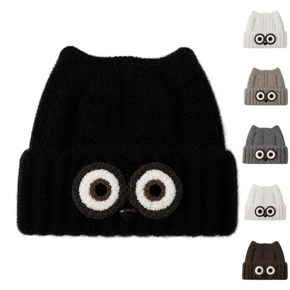 Women's Owl Ear Knit Beanie Hat Cute Animal Face Winter Warm Knitted Cap Fuzzy Lined Ski Hat for Fall Winter