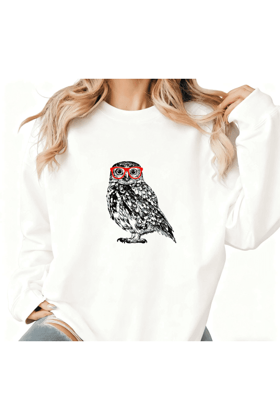 Women's Owl With Glasses Graphic Comfortable Sweatshirt Top Casual Round-neck long-sleeved White S-3XL