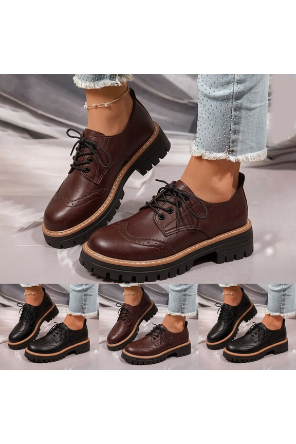 Women's Oxford Platform Dresy Shoes Wide Toe Box Lace Up Faux Leather Lug Sole Lightweight Walking Shoes