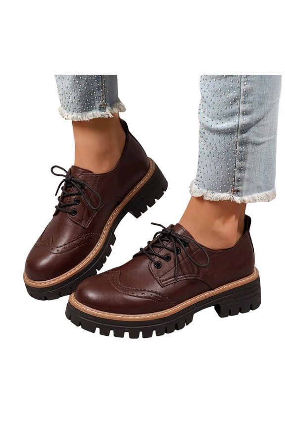 Women's Oxford Platform Dresy Shoes Wide Toe Box Lace Up Faux Leather Lug Sole Lightweight Walking Shoes