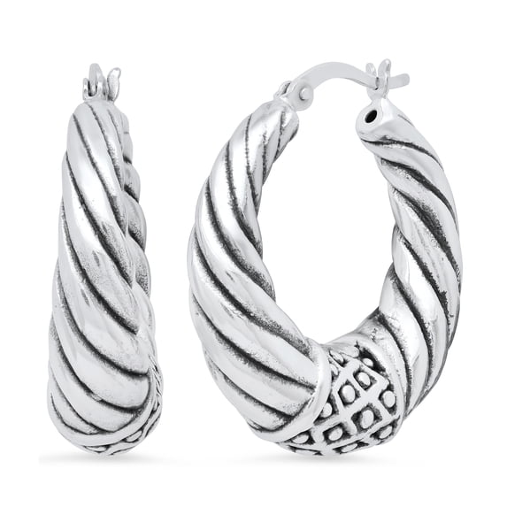 Women's Oxidized Silver Round Hoop Earrings + Jewelry Cloth & Pouch