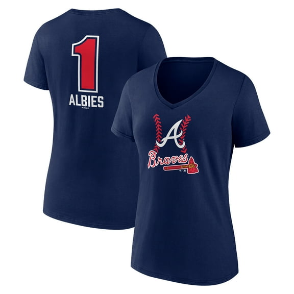 Women's Ozzie Albies Navy Atlanta Braves Fastball Player Name & Number V-Neck T-Shirt