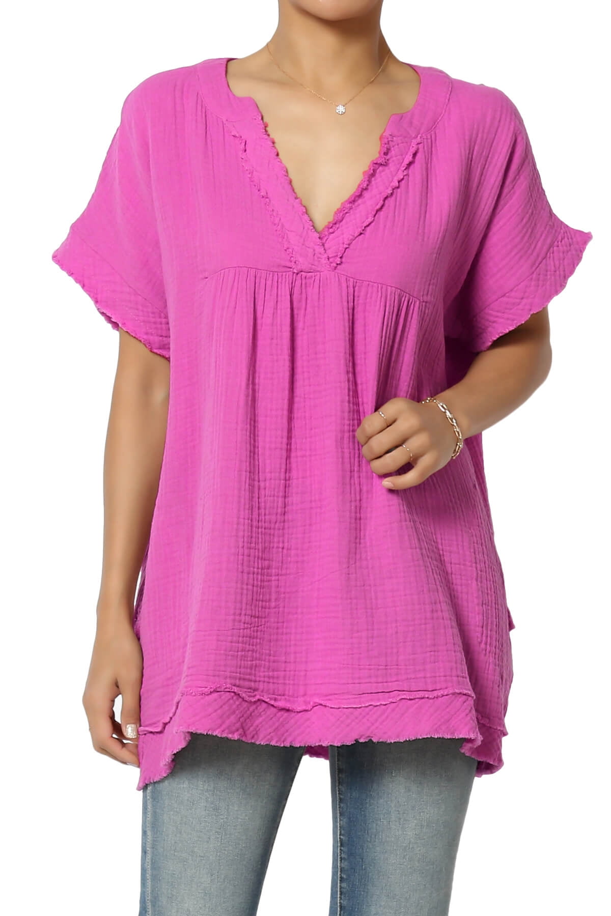 Women's PLUS Casual Loose Short Sleeve V Neck Cotton Gauze Babydoll Shirt Blouse Top Tunic