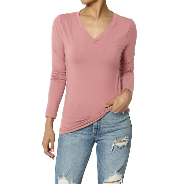 Women's PLUS Essential Soft Jersey V-Neck Long Sleeve T-Shirts Basic  Stretch Slim Tee