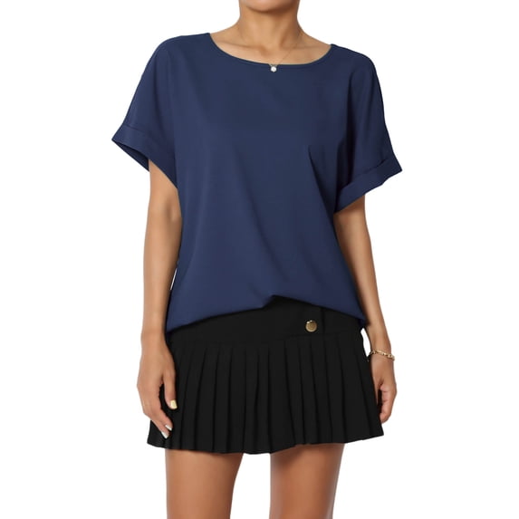 Women's PLUS Lightweight Woven Dolman Short Sleeve Boat Neck Relaxed Blouse Basic Top