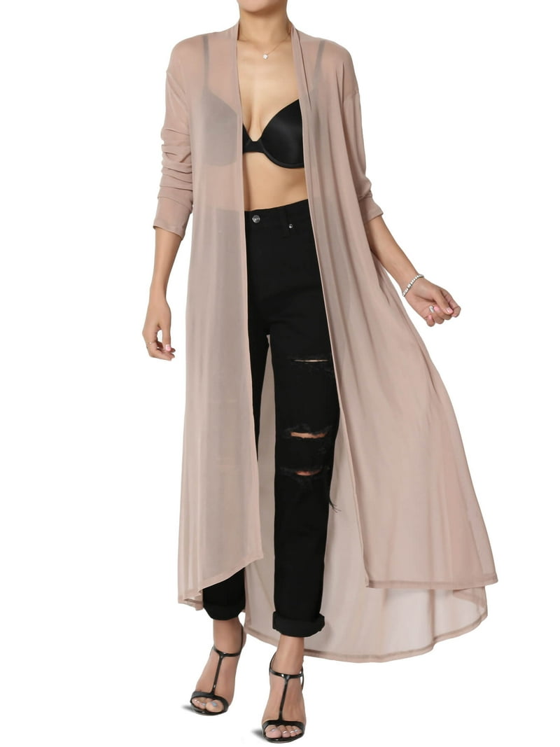 Women's PLUS Sheer Mesh Long Sleeve Open Front Maxi Cardigan Mid