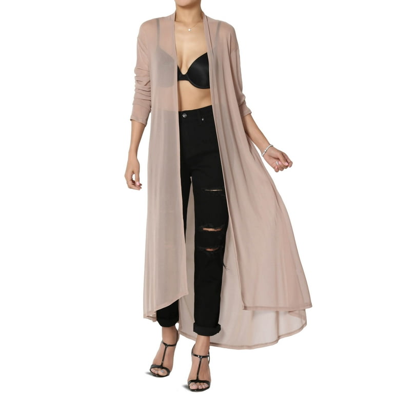Women s PLUS Sheer Mesh Long Sleeve Open Front Maxi Cardigan Mid Calf Caftan Duster