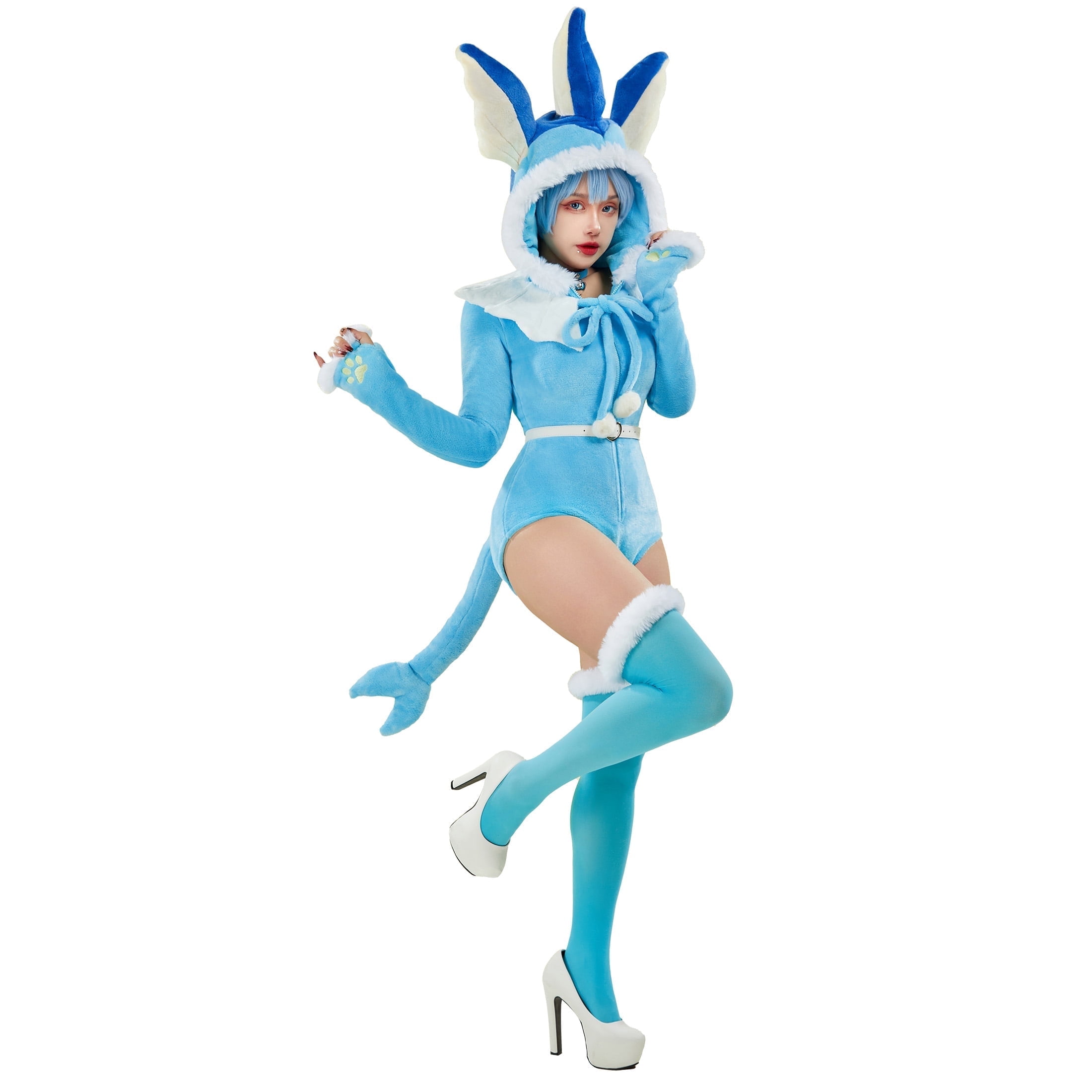 MOBBUNNY Women's PM Derivative Fluffy Bodycon Romper Sexy Lingerie Blue Furry Hooded Bodysuit Jumpsuit Homewear with Tail Belt and Socks, 3X4X