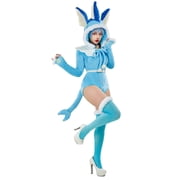 MOBBUNNY Womens Anime Derivative Fluffy Bodycon Romper Sexy Lingerie Blue Furry Hooded Bodysuit Jumpsuit Homewear with Tail Belt and Socks, XL