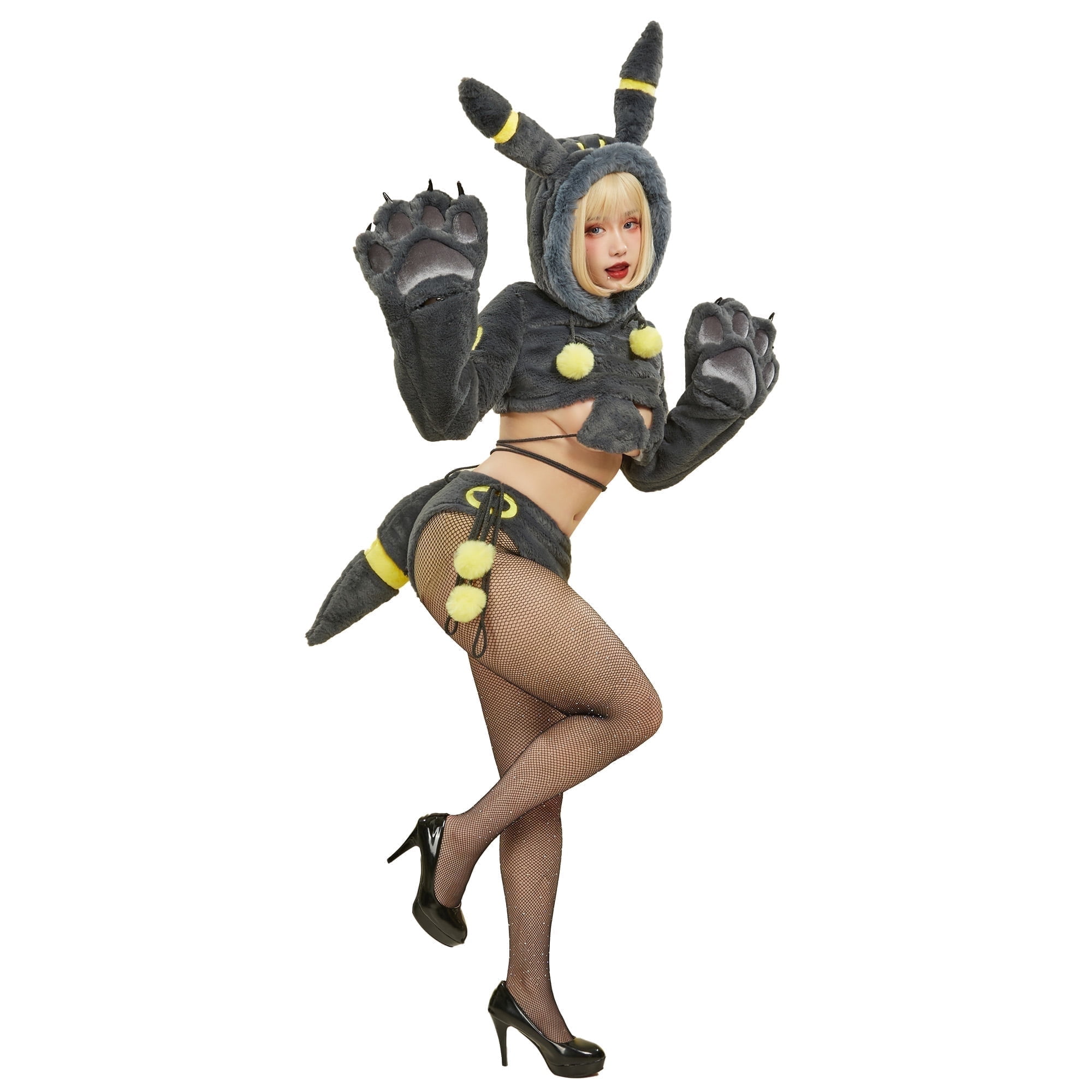 Women's PM Derivative Furry Paw Sexy Lingerie Kawaii Plush Homewear Paw Gloves Hoodie Top and Bra Panty with Tail