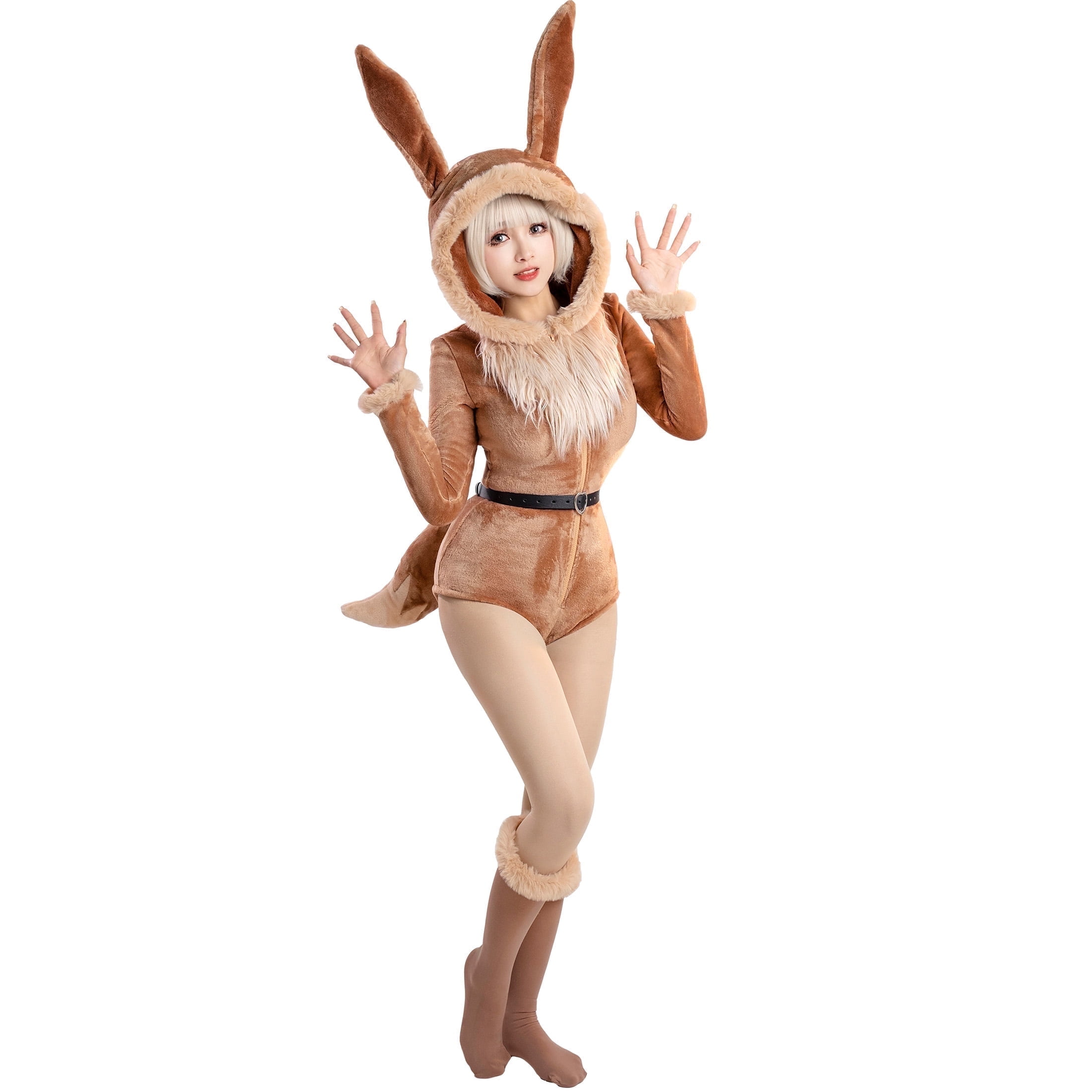 MOBBUNNY Women's PM Derivative Sexy Lingerie Bodysuit Halloween Plush Fluffy Hooded Deep V Romper with Belt and Tail, M