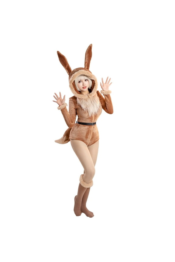 Women's PM Derivative Sexy Lingerie Bodysuit Halloween Plush Fluffy Hooded Deep V Romper with Belt and Tail, S