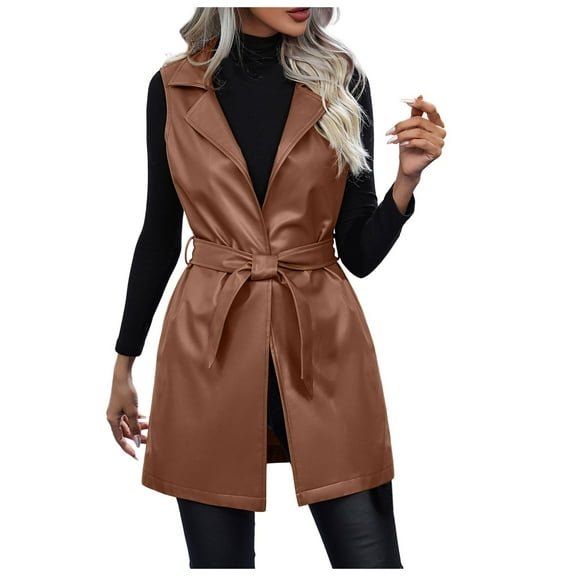 Women's PU Leather Belted Vest Jacket Stylish Turn Down Collar Coat for Fashion Outerwear