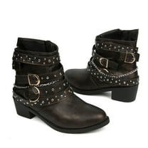 Women's PU Leather Block Heel Ankle Boots Fashion Studded Ankle Strap Trim Punk Boots Winter Side Zipper Motorcycle Short Booties Brown Women Sandal