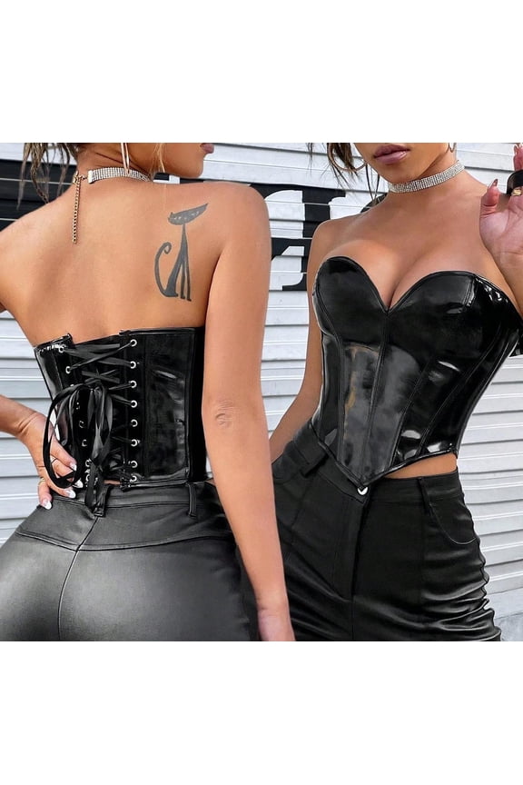 Women's PU Leather Corset Top with Lace-Up Design - Sleeveless, Strapless, Sexy Edgy Fashion for Music Festival 2026