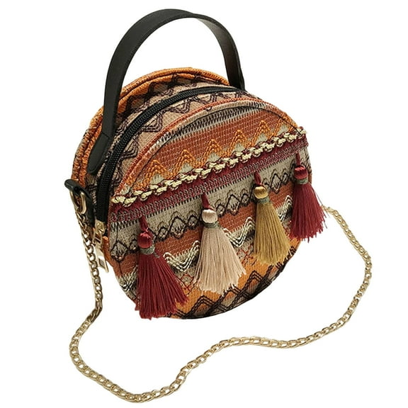 Women's PU Leather Cosmetic Bag Ethnic Style Portable Small Storage with Chain Tassel for Makeup and Toiletries