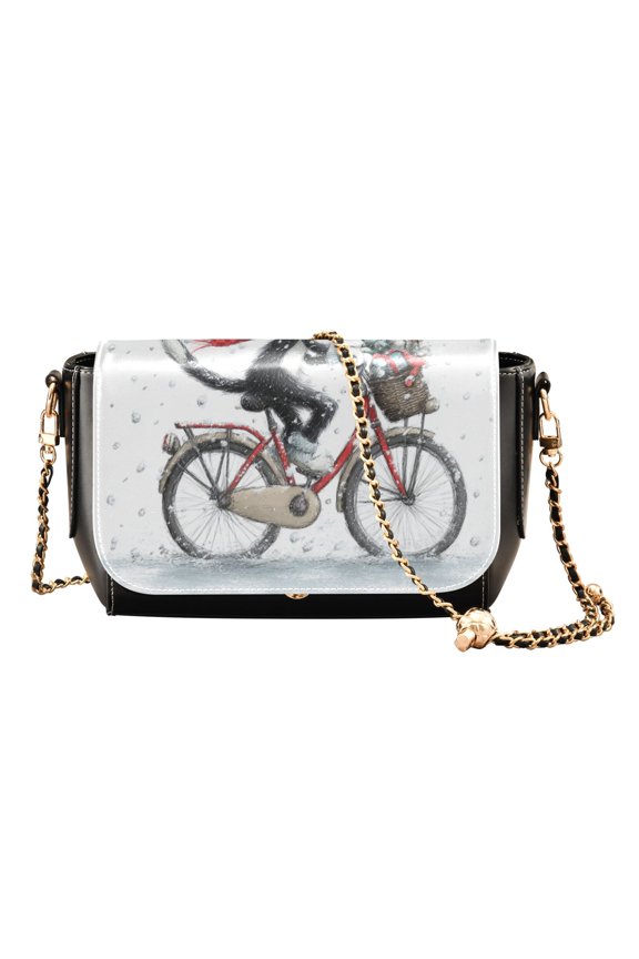 Women's PU Leather Crossbody Bag with Chain Strap Black Cat Riding A Bicycle