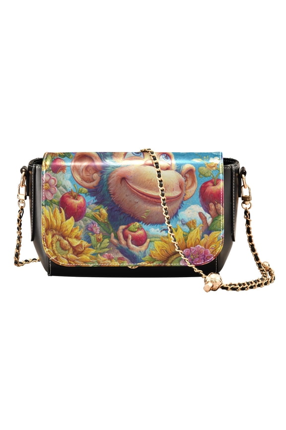 Women's PU Leather Crossbody Bag with Chain Strap Blue Monkey in The Garden