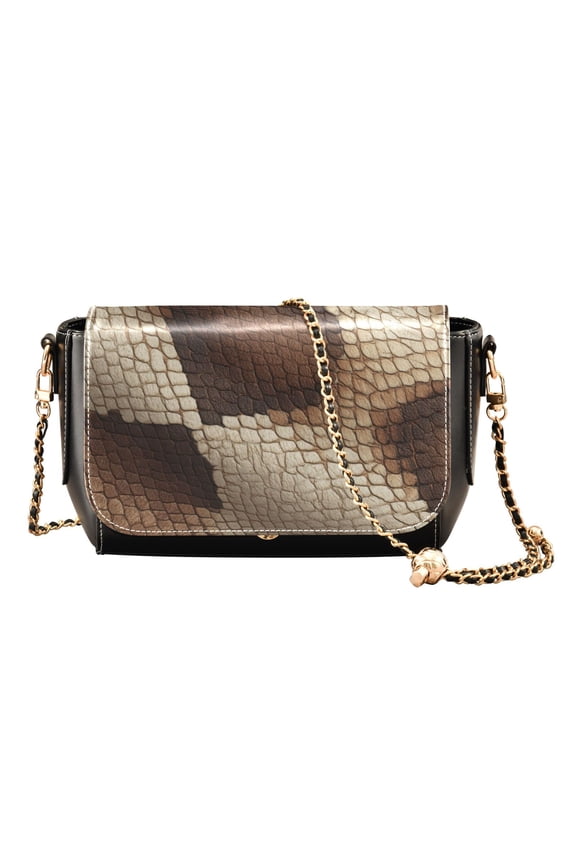 Women's PU Leather Crossbody Bag with Chain Strap Brown Snake Skin Pattern