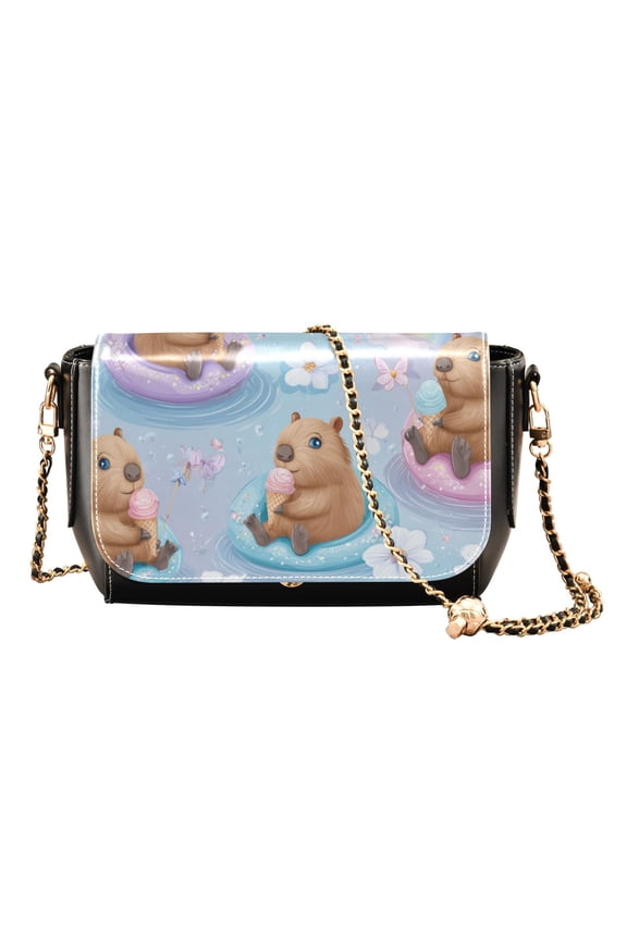 Women's PU Leather Crossbody Bag with Chain Strap Capybaras Eating Ice Cream