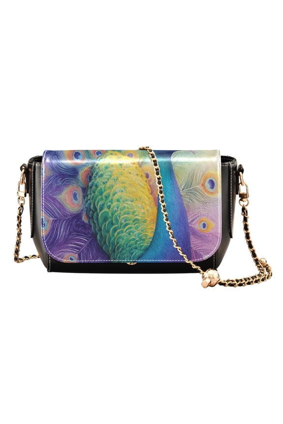 Women's PU Leather Crossbody Bag with Chain Strap Colorful Peacock Pattern