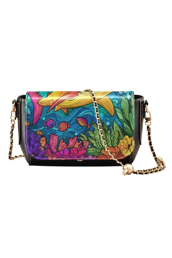 Women's PU Leather Crossbody Bag with Chain Strap Colorful Shark Pattern