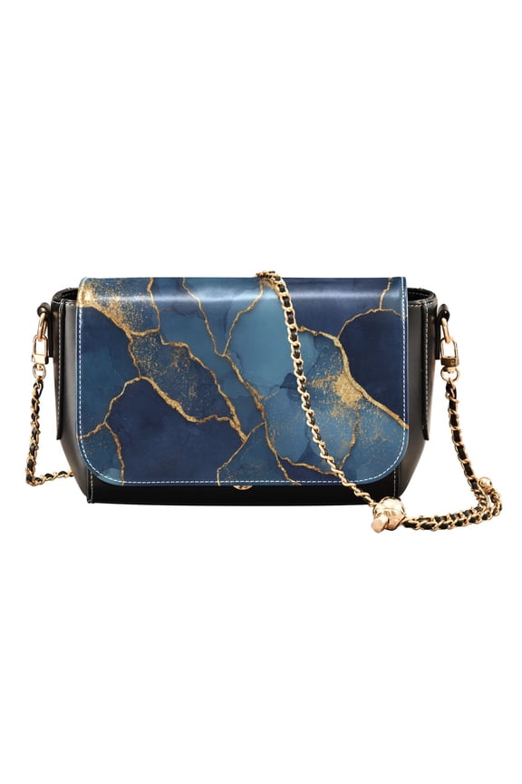 Women's PU Leather Crossbody Bag with Chain Strap Dark Blue Marble Veins