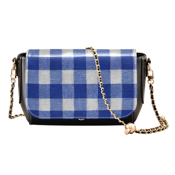 Women's PU Leather Crossbody Bag with Chain Strap Deep Blue Checkered