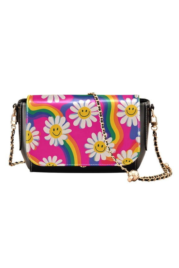 Women's PU Leather Crossbody Bag with Chain Strap Groovy Daisies with Smiley Faces