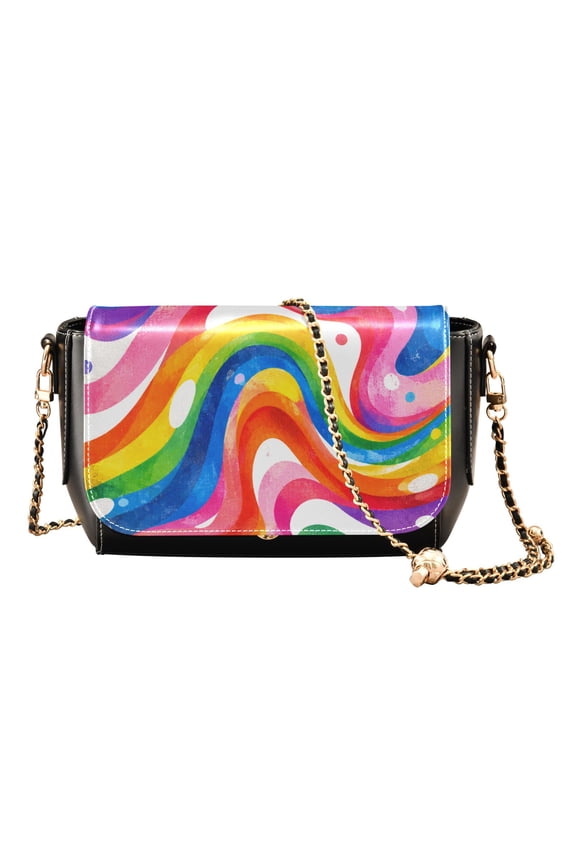 Women's PU Leather Crossbody Bag with Chain Strap Groovy Rainbow Swirl Pattern