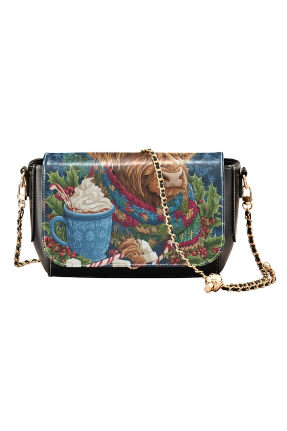Women's PU Leather Crossbody Bag with Chain Strap Highland Cow and Hot Chocolate