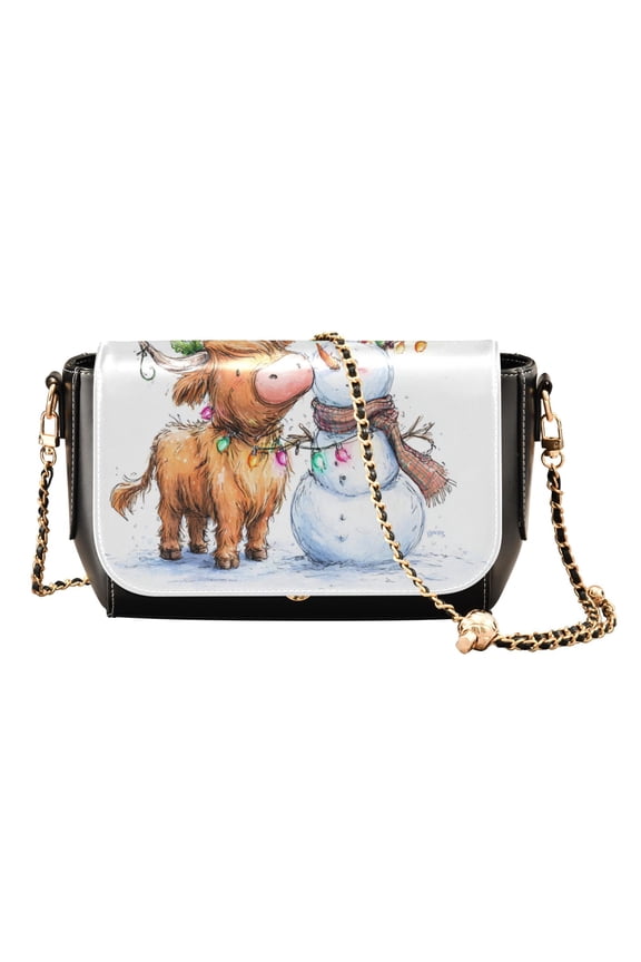 Women's PU Leather Crossbody Bag with Chain Strap Highland Cow and Snowman
