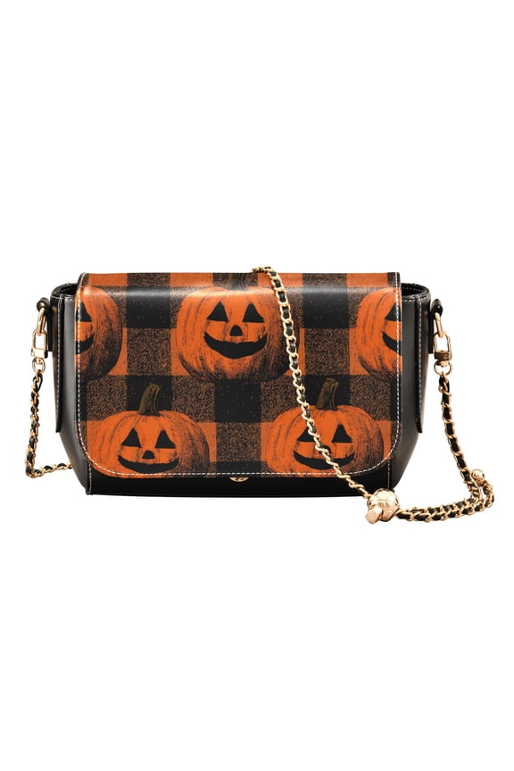 Women's PU Leather Crossbody Bag with Chain Strap Orange Striped Smiley Pumpkins
