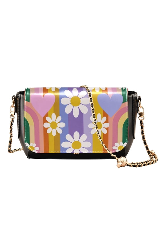 Women's PU Leather Crossbody Bag with Chain Strap Retro Colorful Rainbow and Daisy