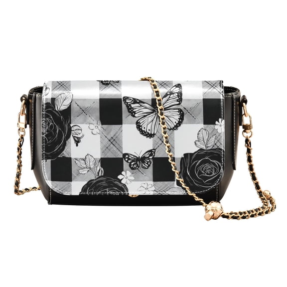 Women's PU Leather Crossbody Bag with Chain Strap Rose Checkered Pattern
