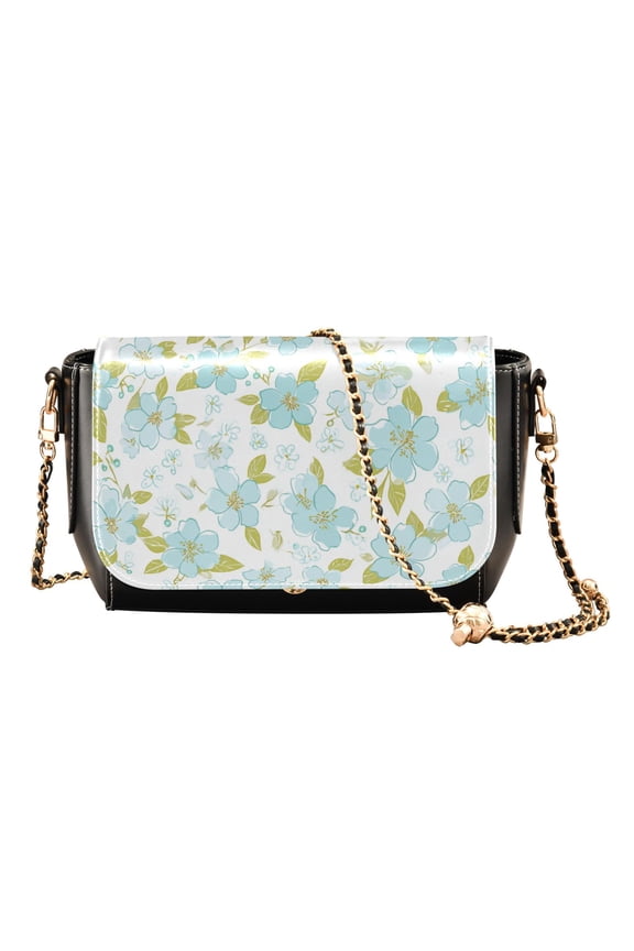 Women's PU Leather Crossbody Bag with Chain Strap Sky Blue Cherry Blossom