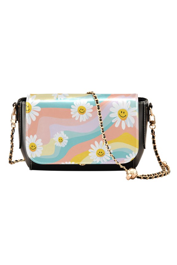 Women's PU Leather Crossbody Bag with Chain Strap Smiling Daisies with Rainbow