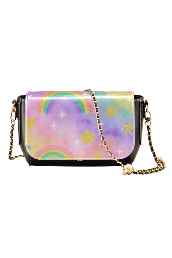 Women's PU Leather Crossbody Bag with Chain Strap Sparkle Rainbow Design