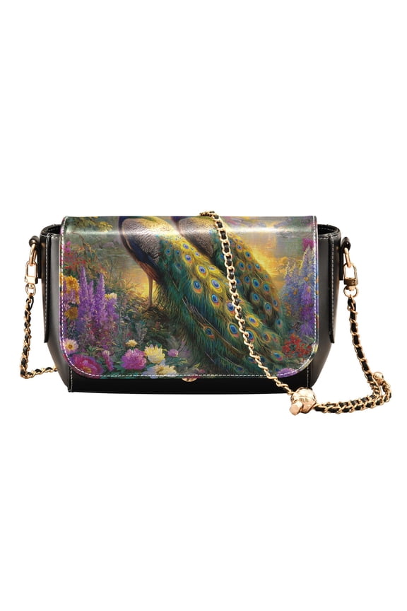 Women's PU Leather Crossbody Bag with Chain Strap Two Beautiful Peacocks