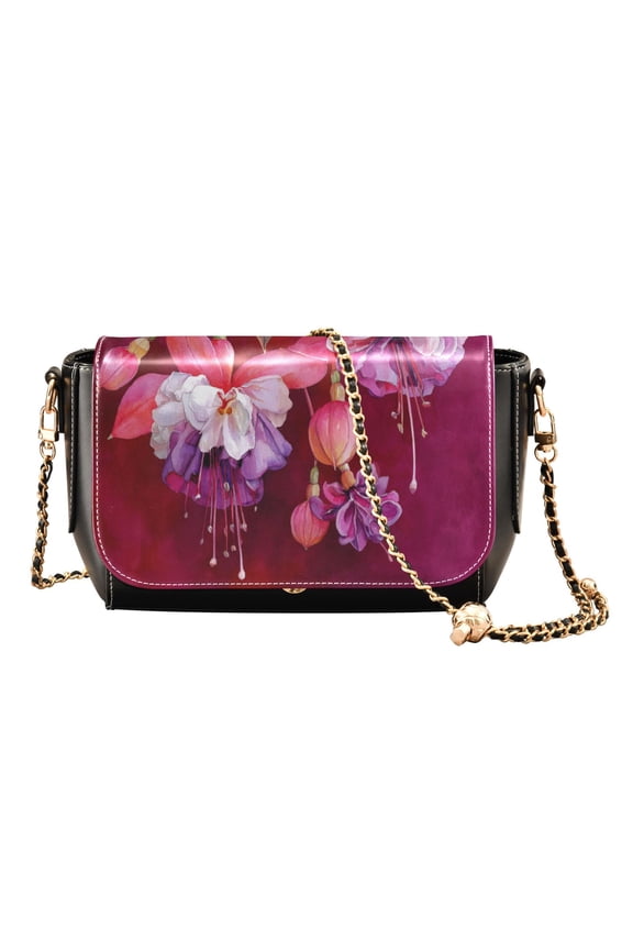 Women's PU Leather Crossbody Bag with Chain Strap Watercolor Fuchsia Flowers