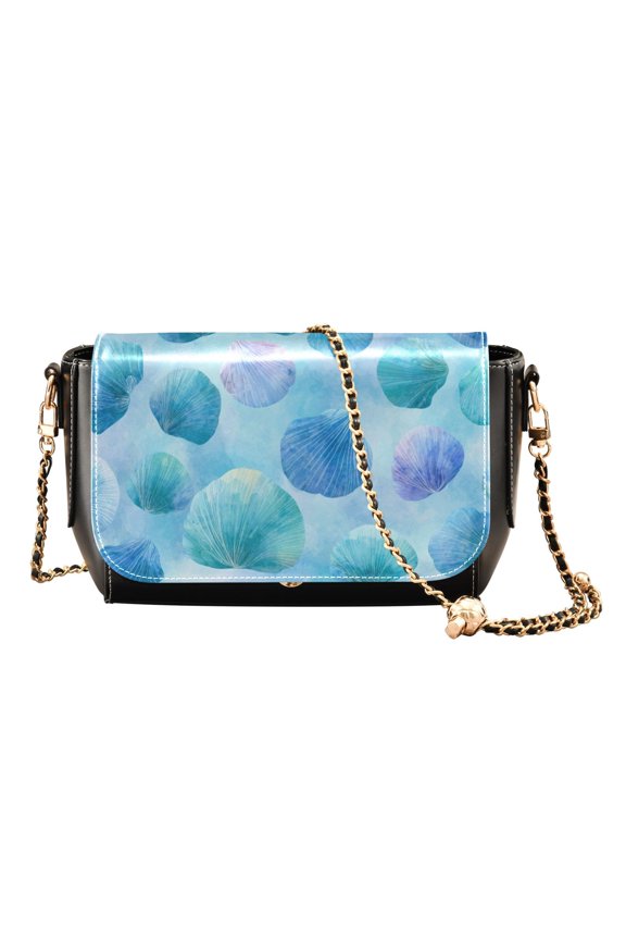 Women's PU Leather Crossbody Bag with Chain Strap Watercolor Seashells Pattern