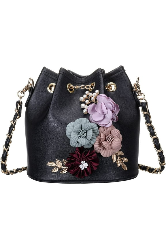 Women's PU Leather Flower Drawstring Bucket Bag Crossbody Bag Shoulder Bag Purse