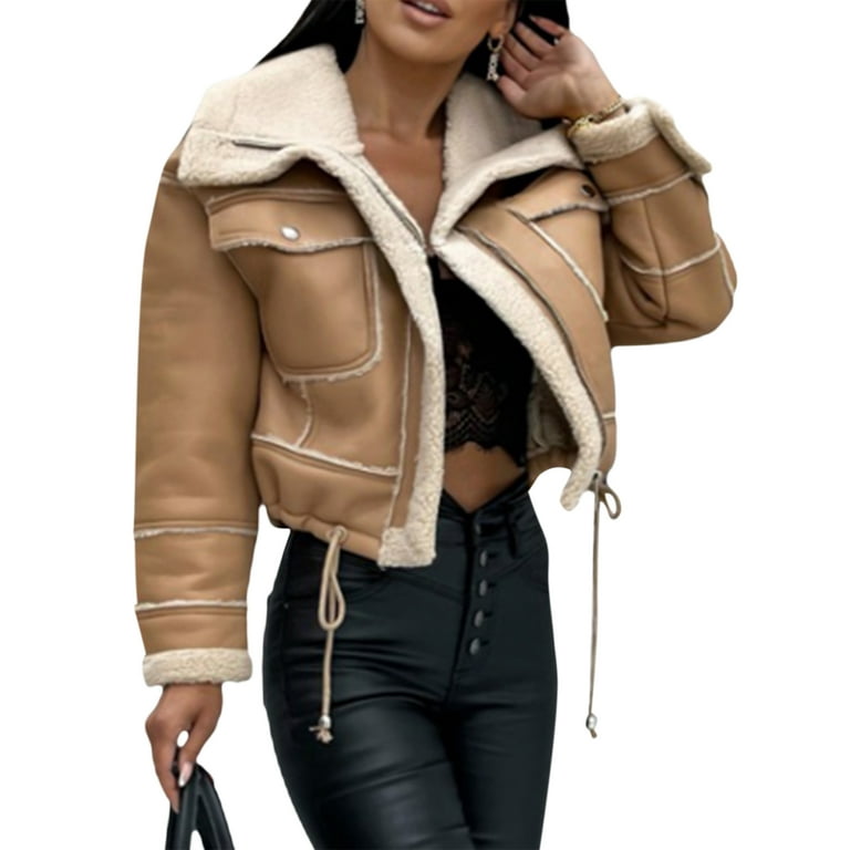 Women's PU Leather Jacket with Fur Collar Long Sleeve Zipper Faux Suede  Bomber Jacket Short Moto Biker Coat Outwear
