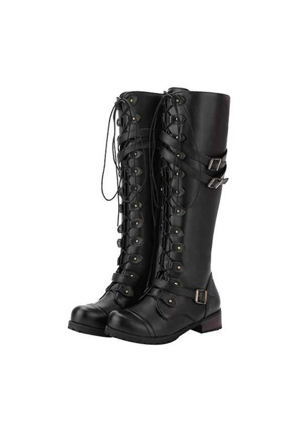 Women's PU Leather Knee Boots Fashion Buckle Lace Up Gothic Vintage Punk Buckle Military Combat Stacked Heel Boot Motorcycle Riding Boots Shoes Knee-High Boots Winter Tall Boots