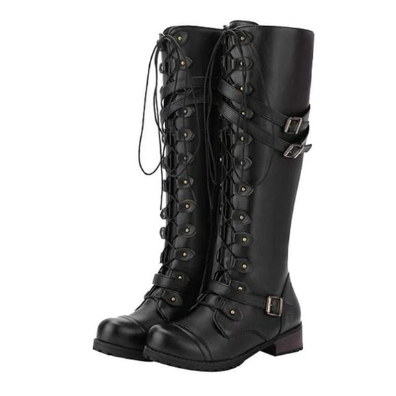 Women's PU Leather Knee Boots Fashion Buckle Lace Up Gothic Vintage Punk Buckle Military Combat Stacked Heel Boot Motorcycle Riding Boots Shoes Knee-High Boots Winter Tall Boots