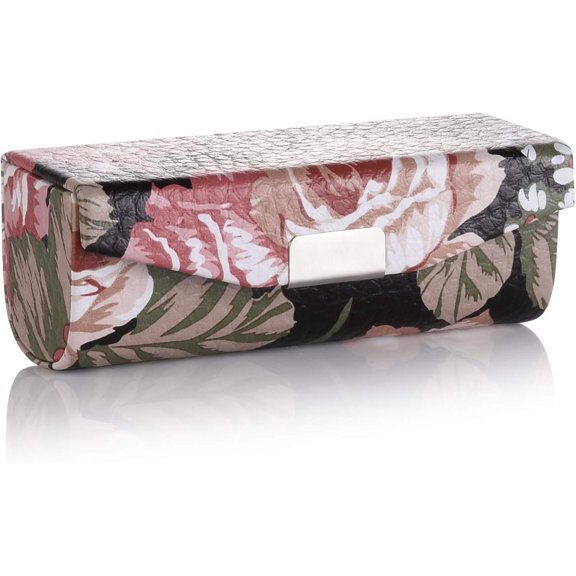 Women's PU Leather Lipstick Case Holder with Mirror Rectanglet Makeup Travel Cases for Purse Lipstick Holder (Black Flower)