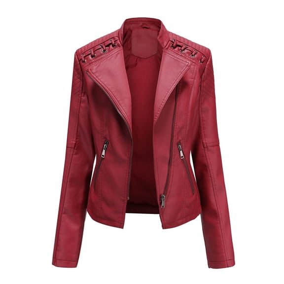 Women's PU Leather Motorcycle Jacket Slim Fit Coat Short Biker Jacket