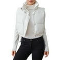 thumbnail image 1 of Women's PU Leather Puffer Vest Solid Color Stand Collar Quilted Waistcoat Fall Winter Casual Sleeveless Padded Jacket Coat, 1 of 10