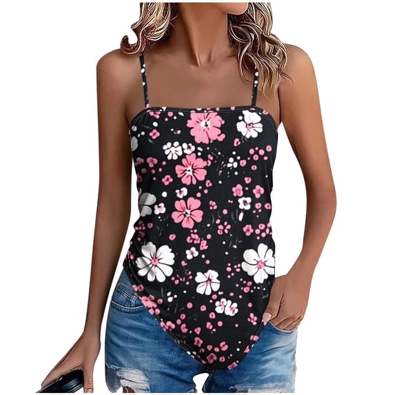 Women's Boho Floral Cami Top Handkerchief Hem Tropical Print Spaghetti Strap Tank Tops Summer Sleeveless Vacation Tops