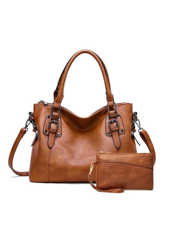 Women's PU Leather Tote Bag Set with Shoulder Strap and Matching Pouch